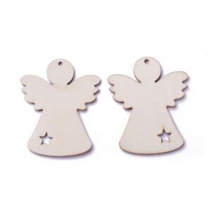 Two unfinished wooden angel cutouts with smooth surfaces, star-shaped cutouts, and pre-drilled holes for hanging, perfect for DIY Christmas crafts.