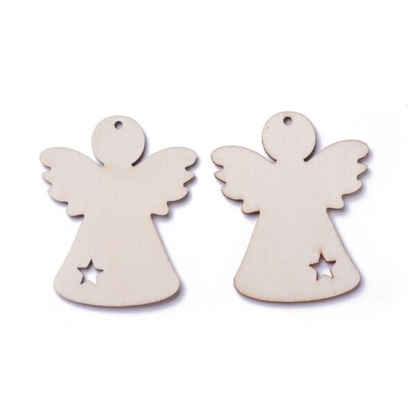 Two unfinished wooden angel cutouts with smooth surfaces, star-shaped cutouts, and pre-drilled holes for hanging, perfect for DIY Christmas crafts.