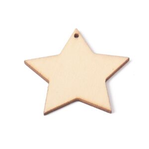 Unfinished wooden star cutout made from smooth natural plywood with a small hanging hole, ideal for painting, decorating, and DIY craft projects.