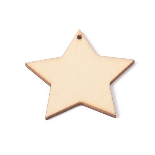 Unfinished wooden star cutout made from smooth natural plywood with a small hanging hole, ideal for painting, decorating, and DIY craft projects.